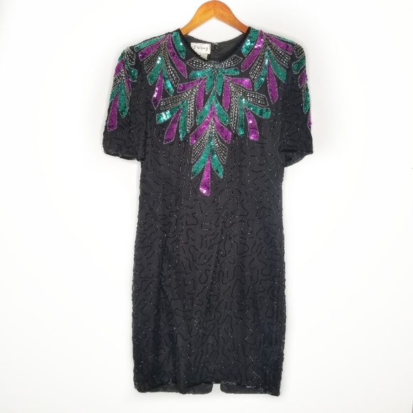 Vintage Dresses & Skirts - Vintage 80s Stenay Sequin Beaded Black Party Dress